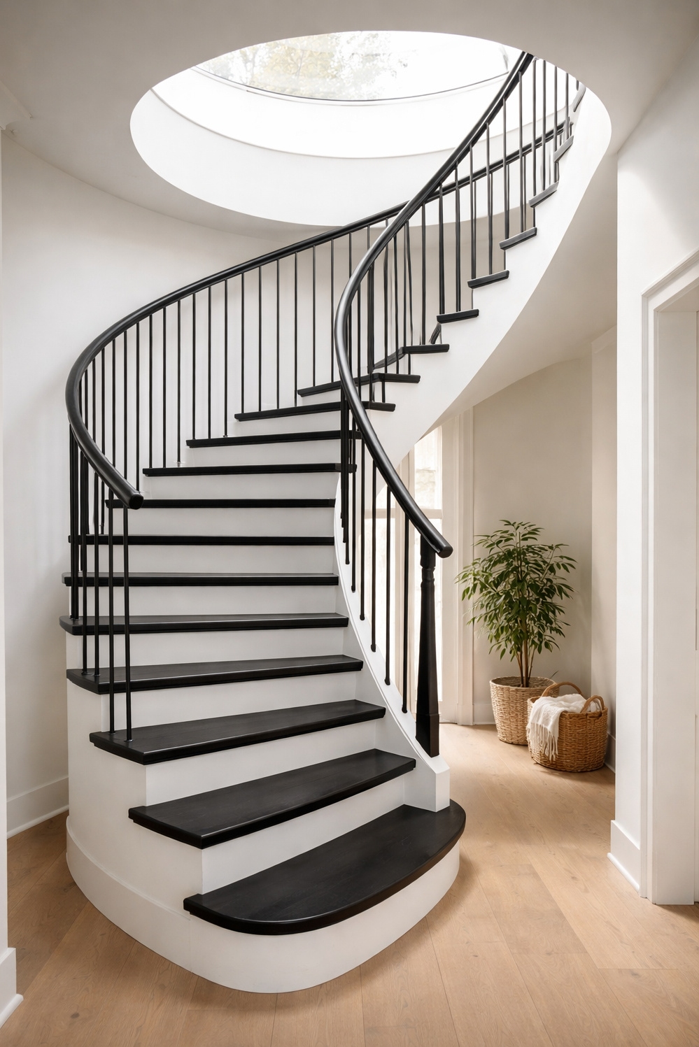 Black painted stair treads ideas - Black Stair Treads: Graceful Curve Upward - These black painted stair treads curve in a...