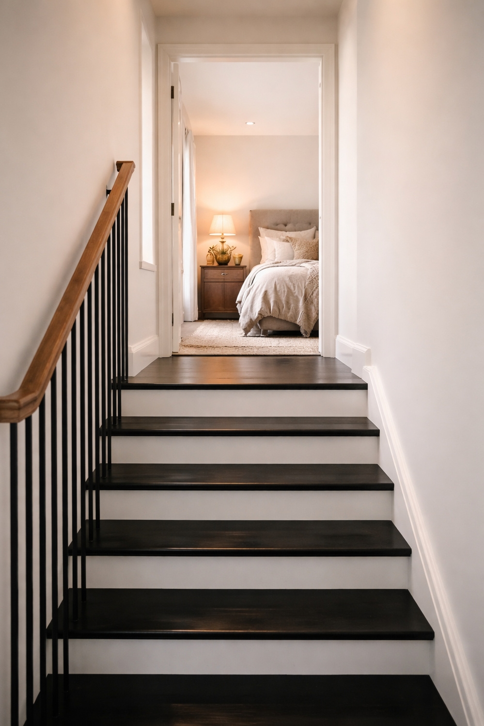 Black painted stair treads ideas - Striking Black Treads Lead to Bedroom - These black painted stair treads create a striking...