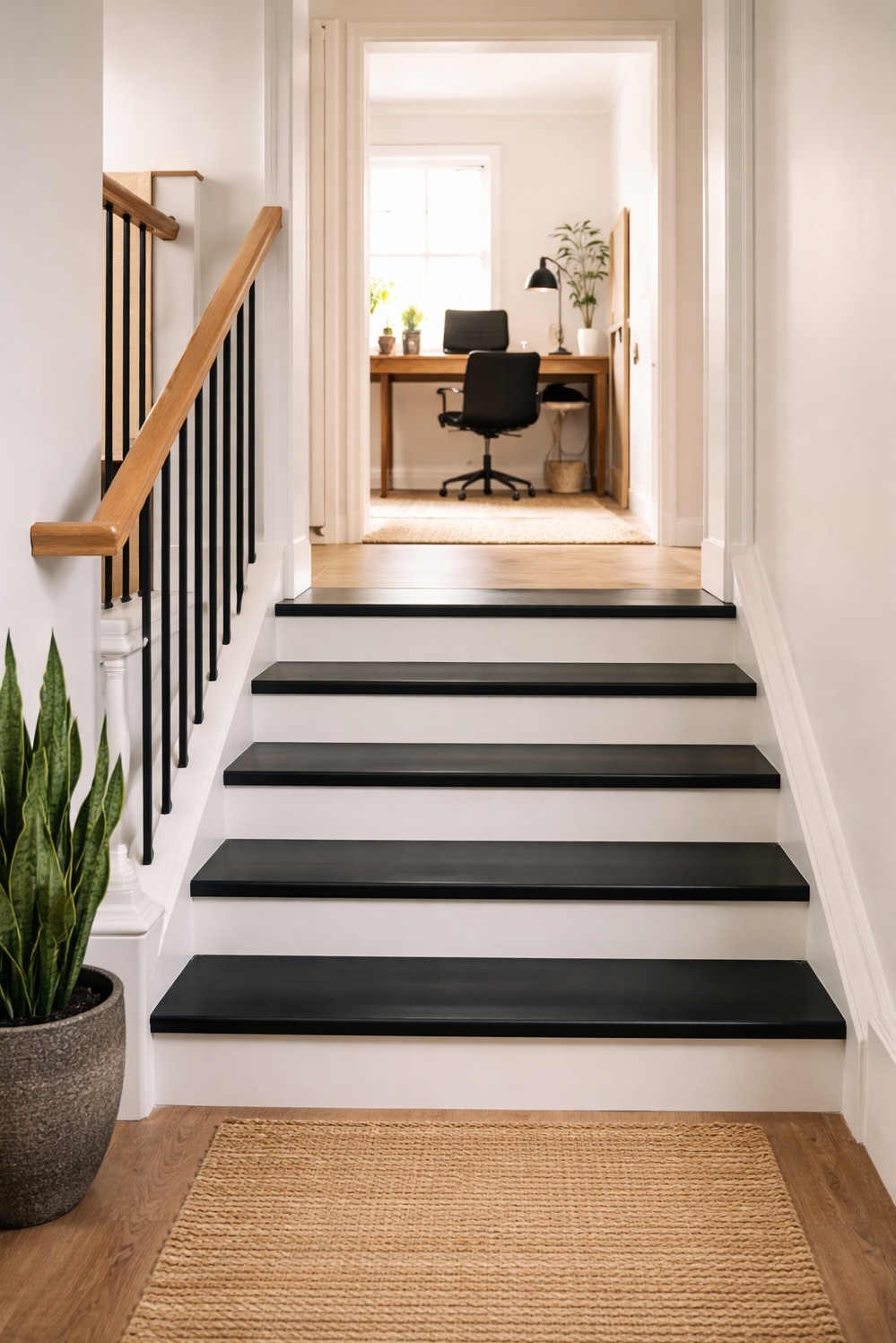 Black painted stair treads ideas - Black Stair Treads Create Visual Line - These black painted stair treads create a strong...