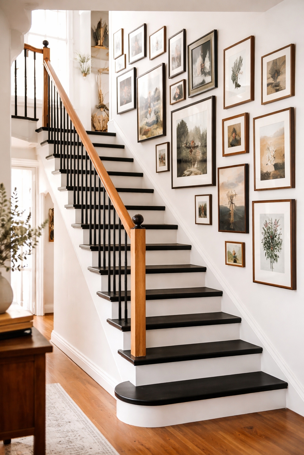 Black painted stair treads ideas - Black Stair Treads: Strong Wall Contrast - These black painted stair treads offer a strong...