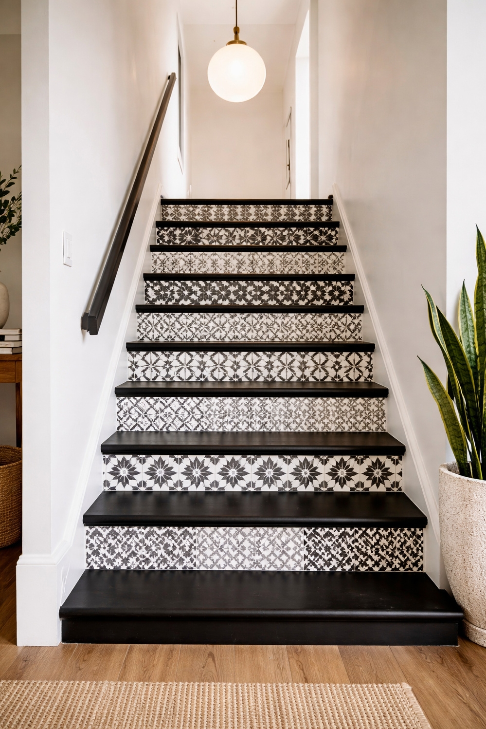 Black painted stair treads ideas - Black Treads Ground Stair Space - These black painted stair treads ground the space...