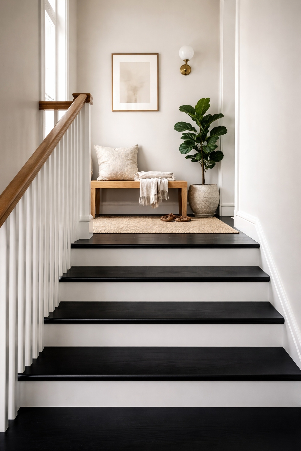 Black painted stair treads ideas - Striking Black Treads Against Lighter Walls - These black painted stair treads offer a striking...