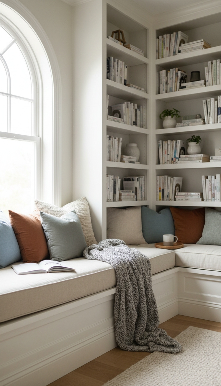 white bookshelves ideas - White Bookshelves Create Cozy Alcove - These white bookshelves, built right into the alcove,...