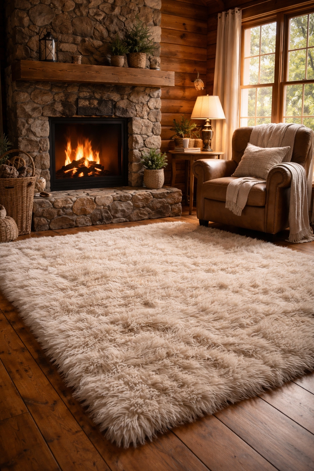 shaggy area rug ideas - Faux Fur Rug: Soft Cabin Interior - The faux fur shaggy area rug in this...
