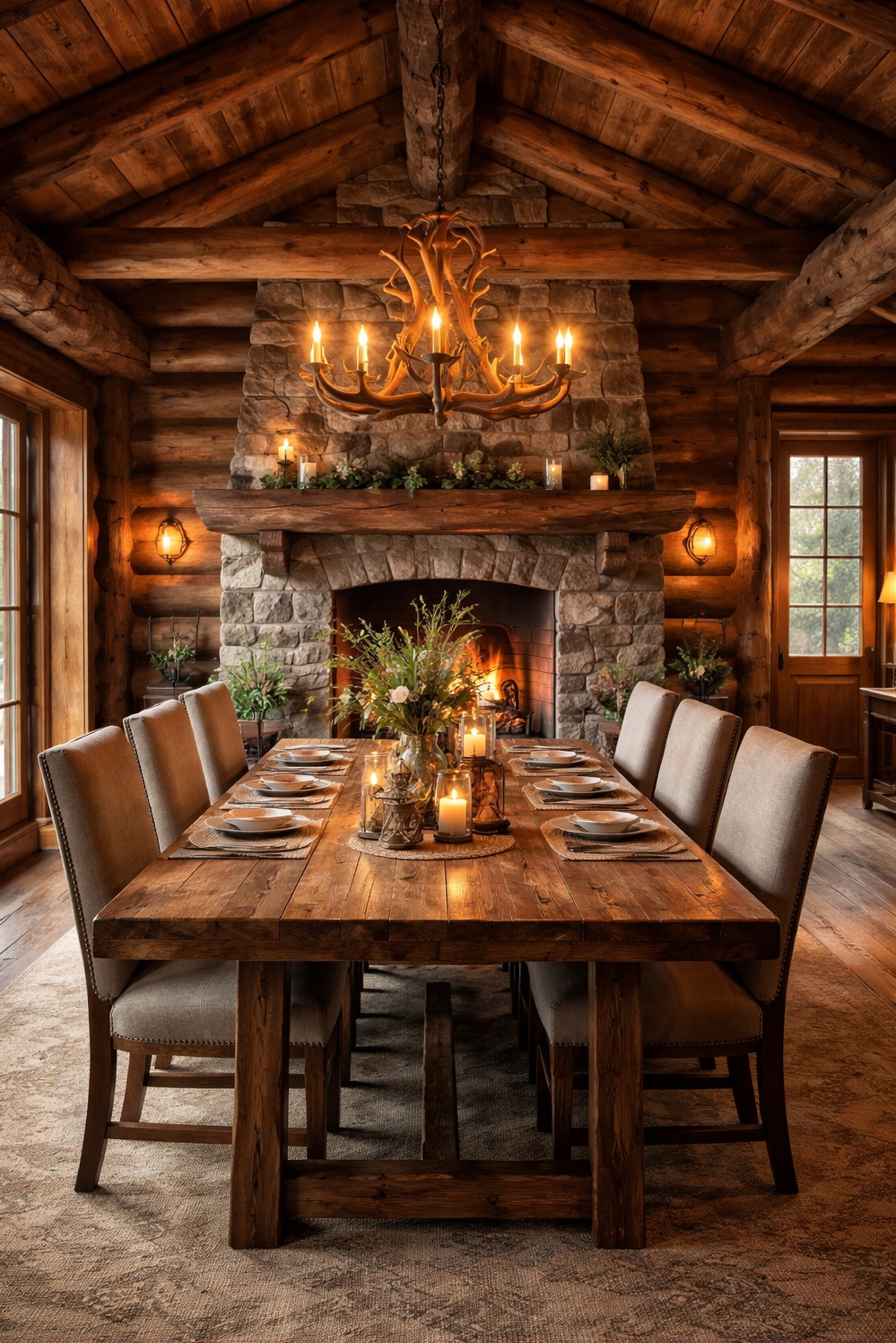 Wood accents for dining room - Rustic Wood Creates a Warm Dining Feel - The wood accents in this rustic dining room...