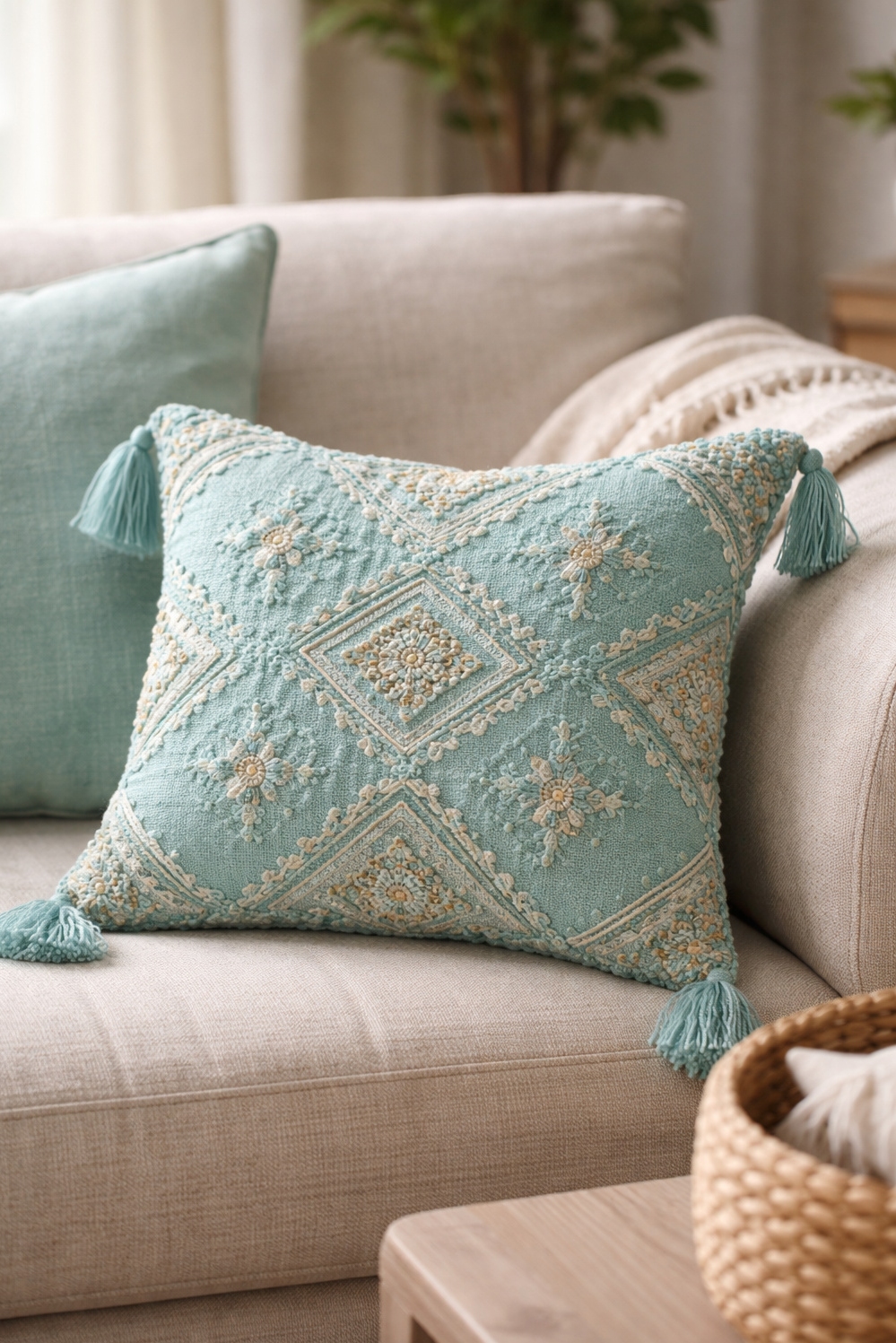 turquoise living room decor - Turquoise Pillows Invite You to Sink - These turquoise pillows practically beg you to sink...