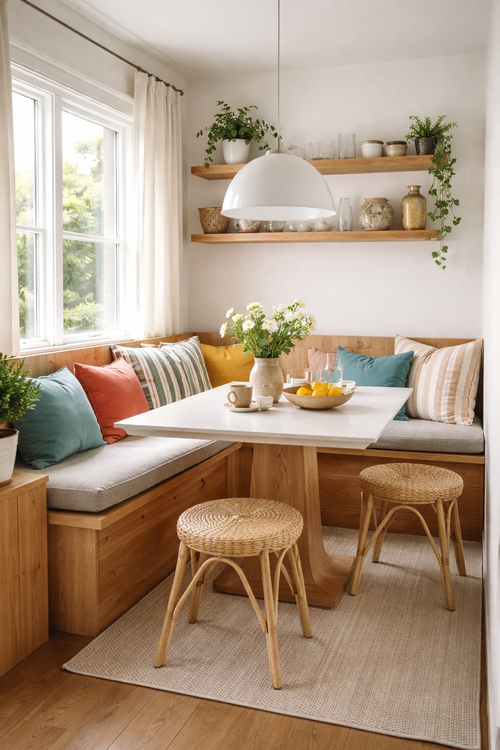 Wood accents for dining room - Wood Bench Anchors Small Dining Nook - The built-in bench anchors this small dining nook,...