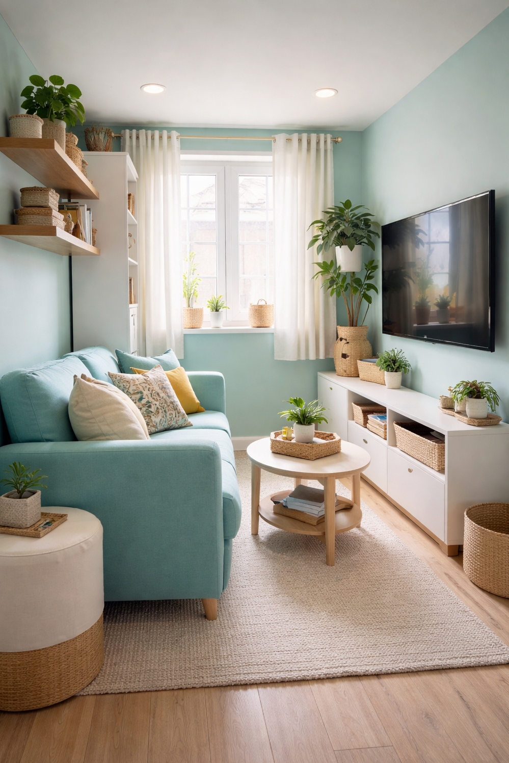 turquoise living room decor - Cool Turquoise Walls Create Airy Feel - The turquoise walls in this small living room...
