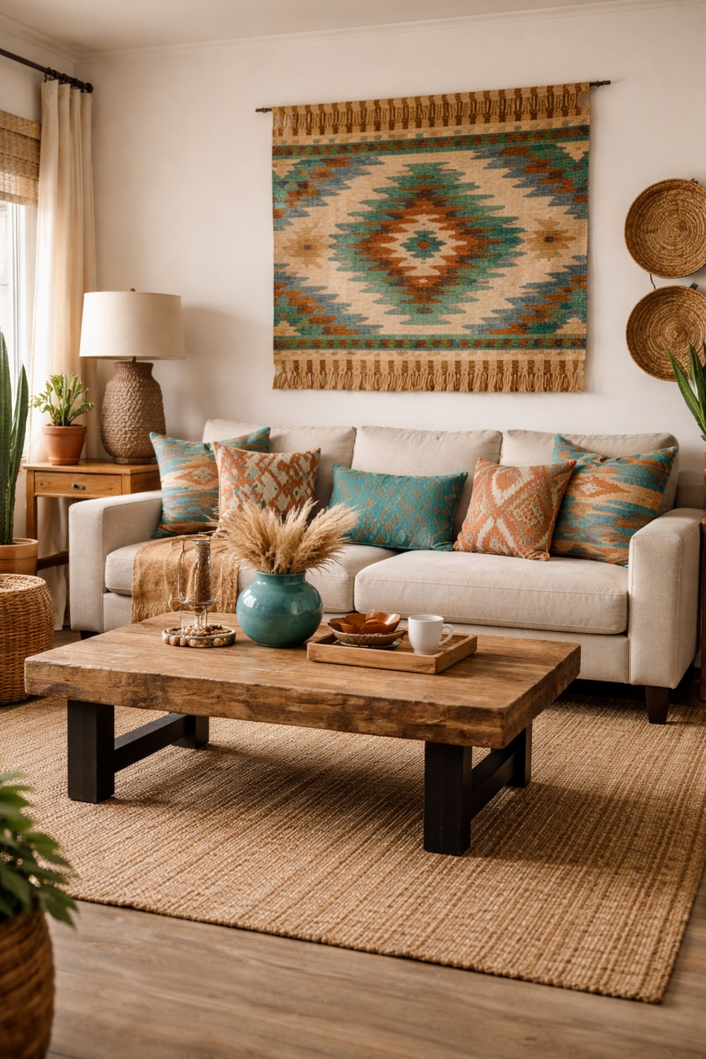 turquoise living room decor - Turquoise Sofa: Inviting Southwestern Style - The turquoise sofa anchors this southwestern living room...