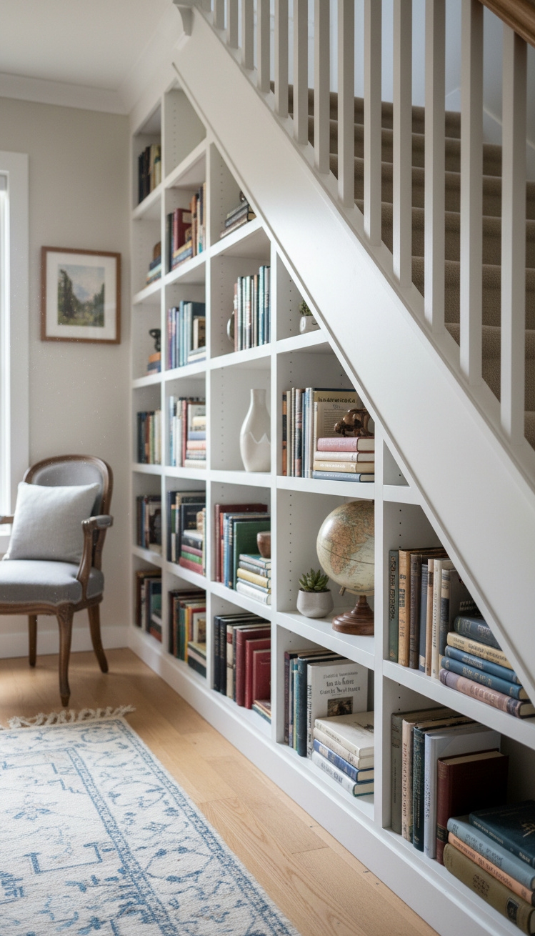 white bookshelves ideas - Built-in White Bookshelves Transform Landing - These built-in white bookshelves ideas transform a simple...