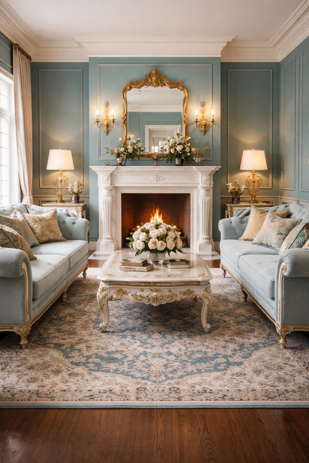 turquoise living room decor - Fireplace Mantel Commands Turquoise Attention - The fireplace commands attention with its decorative mantel....