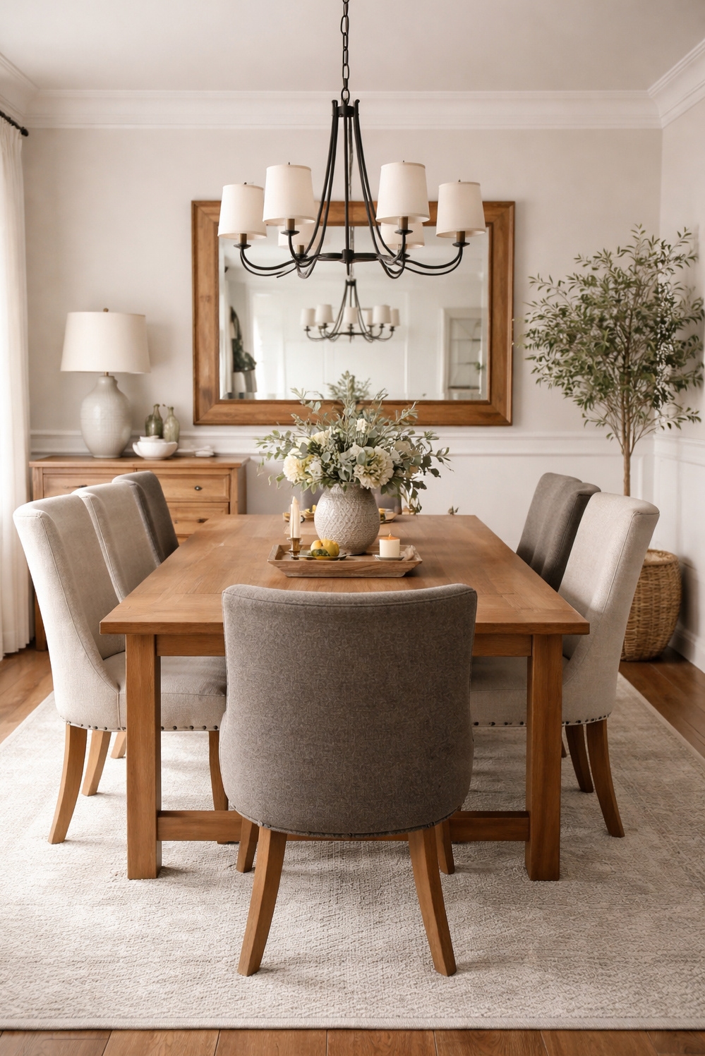 Wood accents for dining room - Wood Frame Brings Warmth to Dining - These wood accents bring warmth to this transitional...