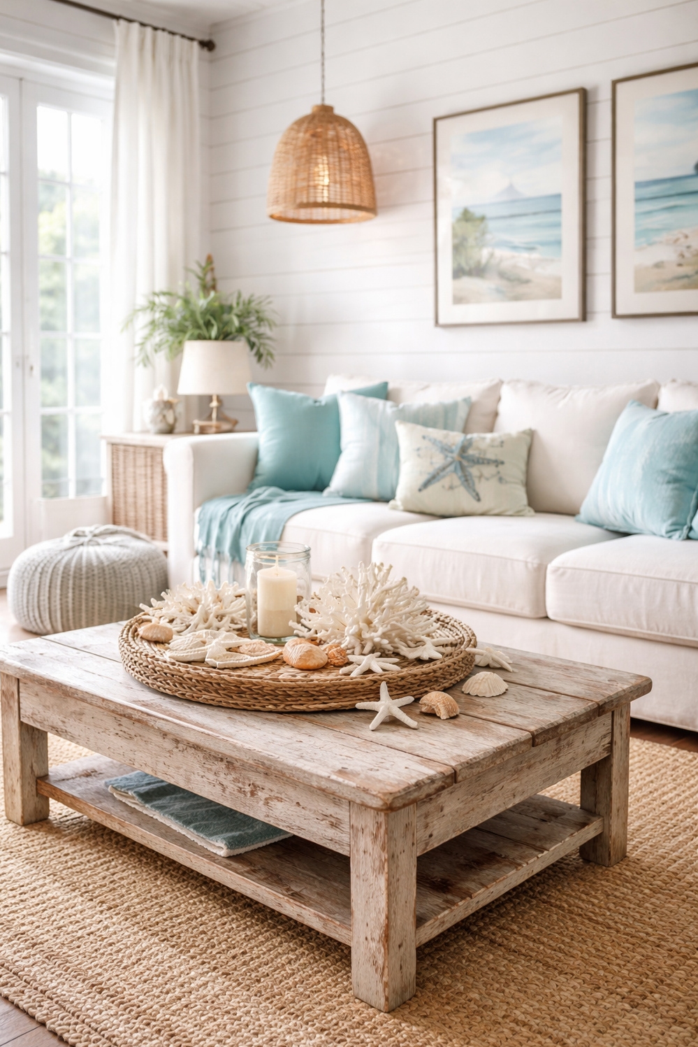 turquoise living room decor - Turquoise Decor: Bright White Walls Create - These white shiplap walls create a bright, airy...