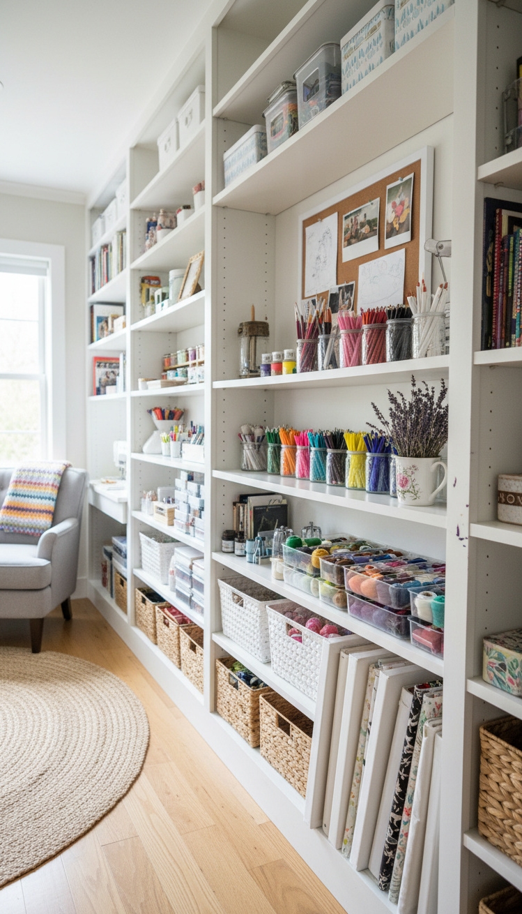 white bookshelves ideas - Clean, Bright Foundation: White Craft Room - These white bookshelves offer a clean, bright foundation...
