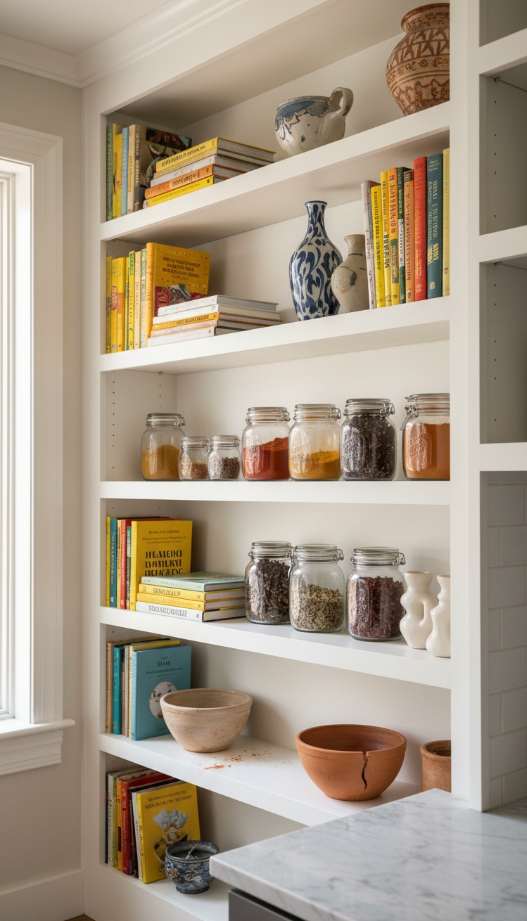 white bookshelves ideas - White Bookshelves Offer Clean Kitchen Storage - These white bookshelves offer a clean, bright storage...