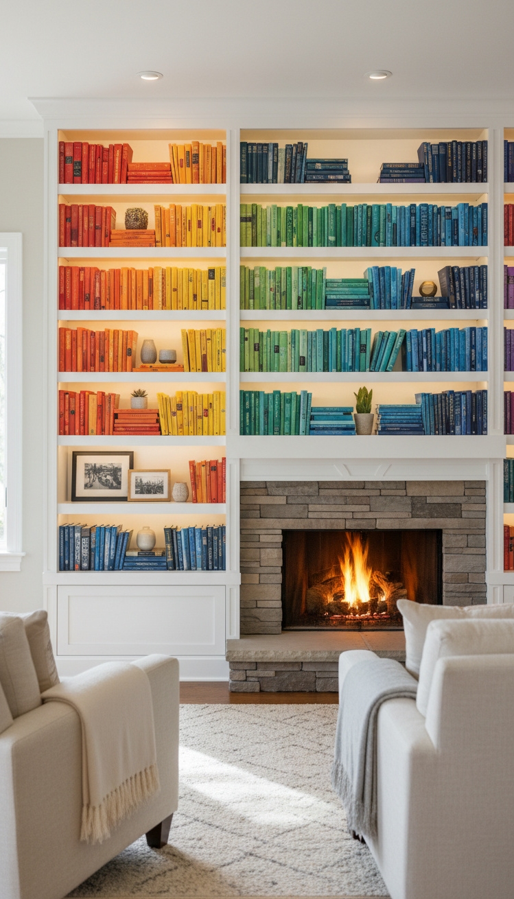 white bookshelves ideas - Built-in White Bookshelves: Striking Fireplace Focal - These built-in white bookshelves flanking the fireplace create...