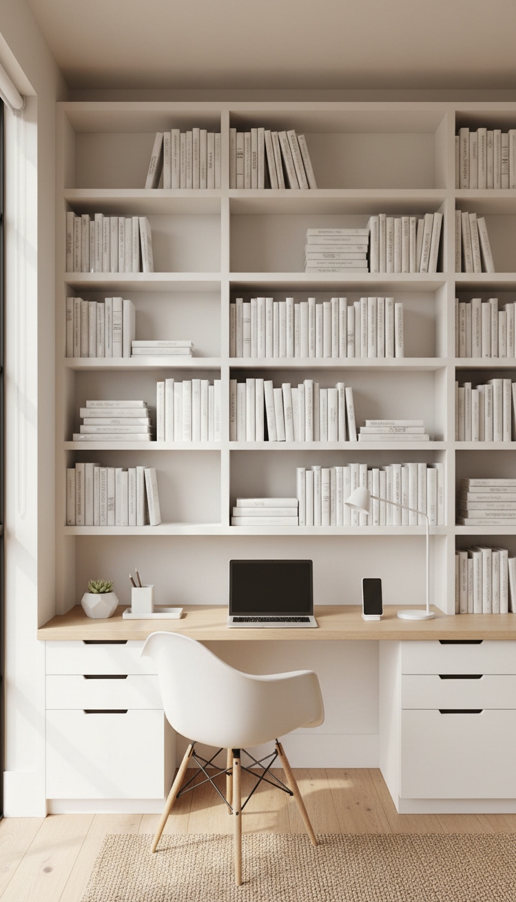 white bookshelves ideas - Bright Home Office: White Bookshelves Anchor - These white bookshelves anchor a bright home office,...