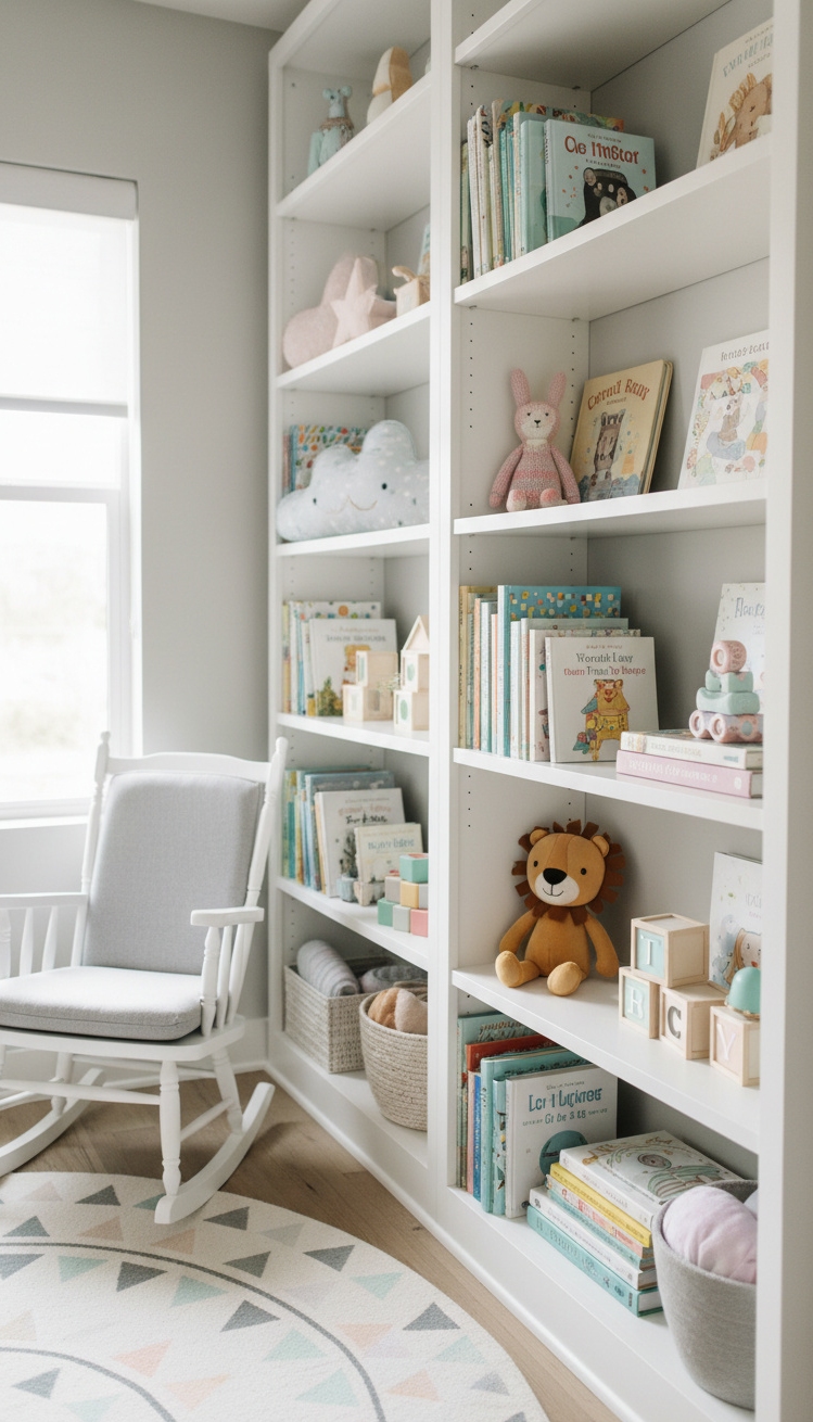 white bookshelves ideas - White Bookshelves Offer Modern Nursery Light - These white bookshelves offer great ideas for a...