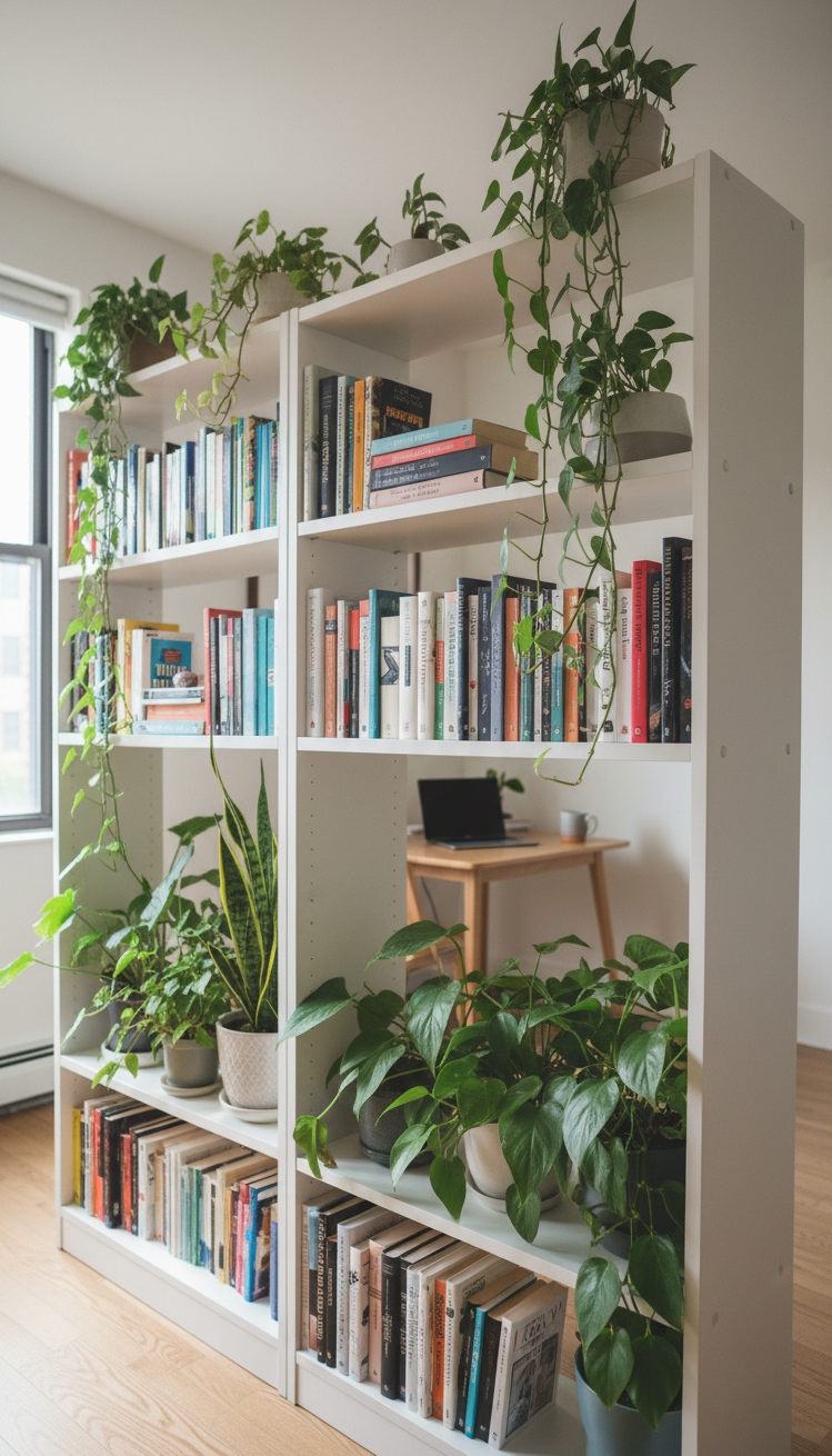 white bookshelves ideas - White Bookshelves Create Semi-Private Room - These white bookshelves, used as a room divider,...