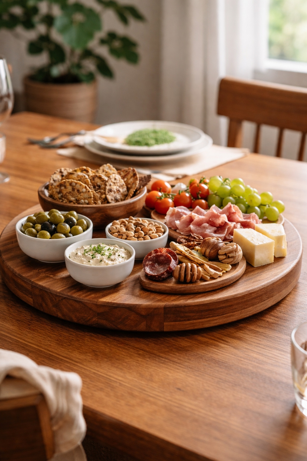 Wood accents for dining room - Wooden Lazy Susan Anchors Dining Scene - The wooden lazy Susan anchors this dining room...