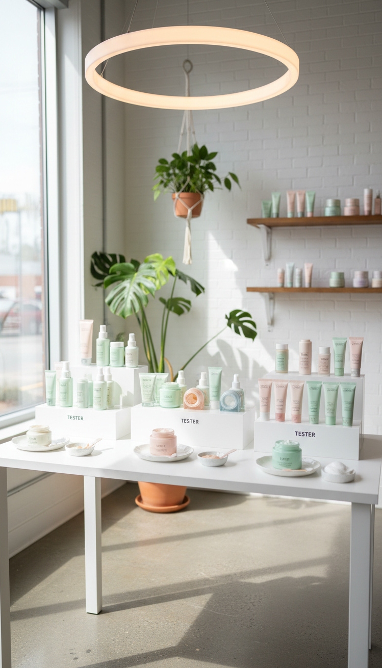 vendor booth ideas - Bright White Table: Beauty Booth Design - The bright white table anchors this beauty vendor...