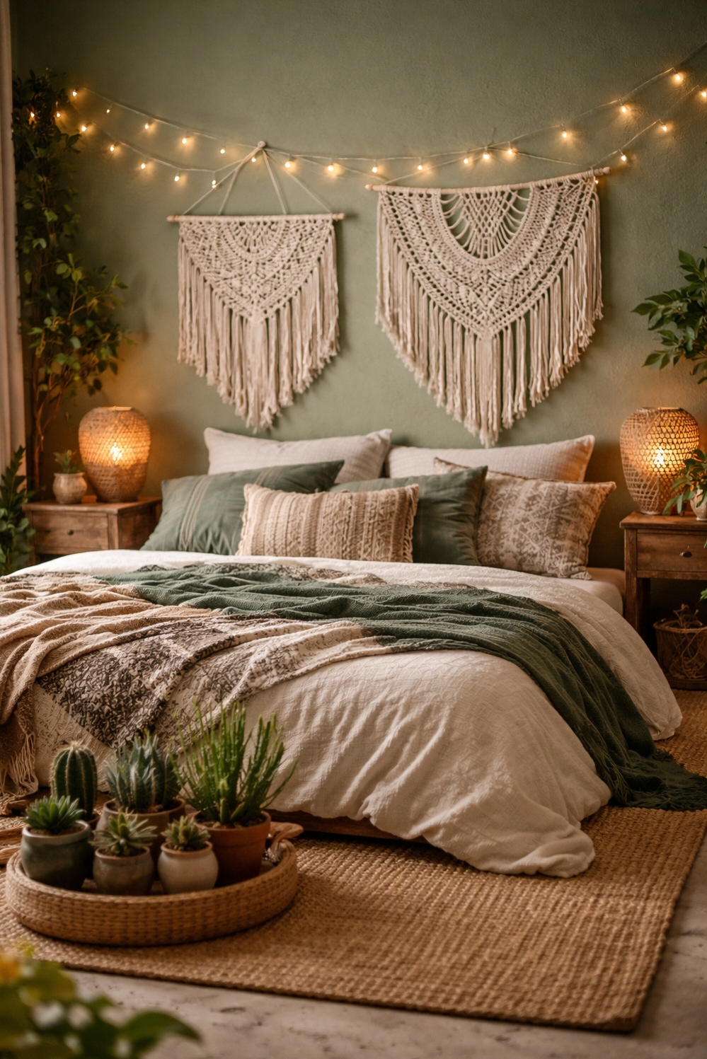 green layout for bedroom - Green Bedroom: Macrame Wall Anchors Style - The macrame wall hanging anchors this bohemian green...