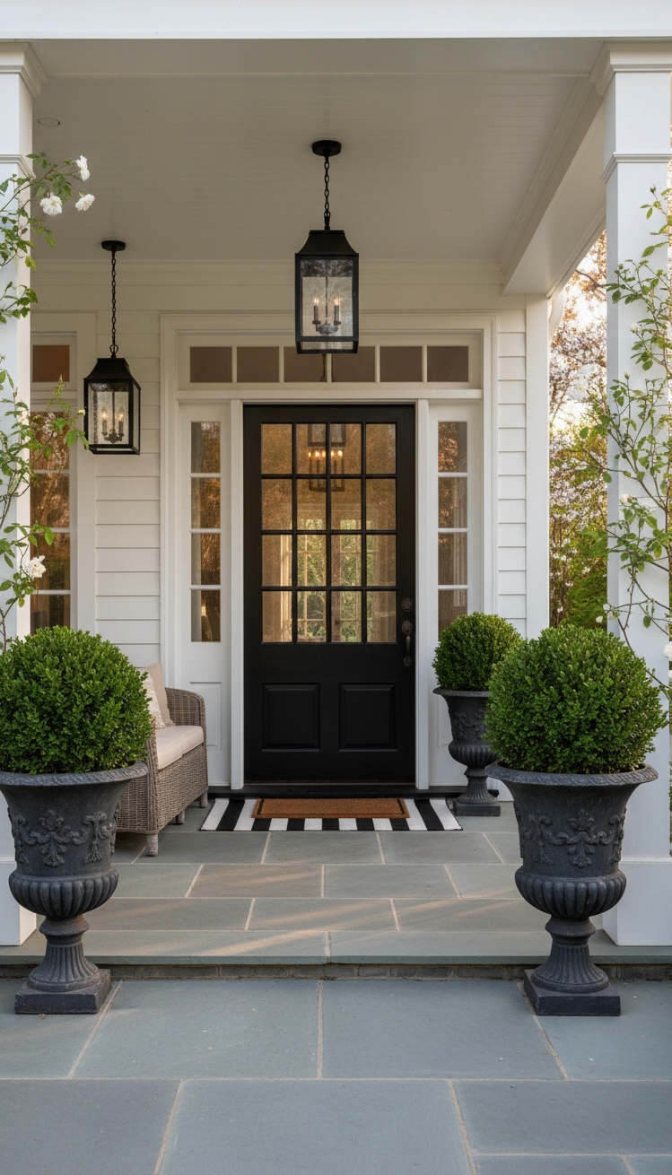 spring front porch ideas - Symmetrical Planters Create Porch Welcome - These manicured boxwood shrubs in symmetrical planters create...