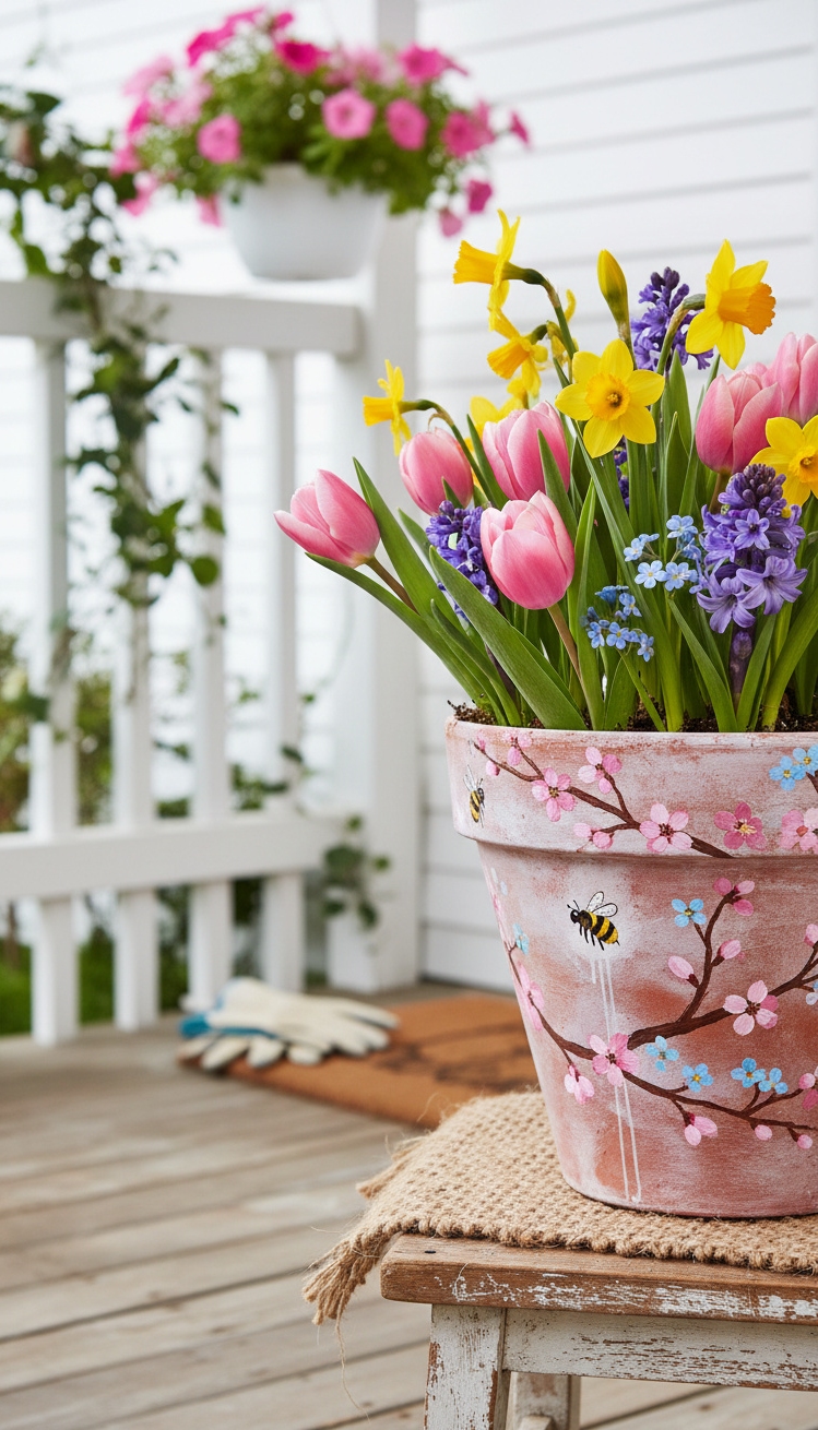 spring front porch ideas - Painted Flower Pot Grabs Attention - The painted flower pot grabs your attention right...