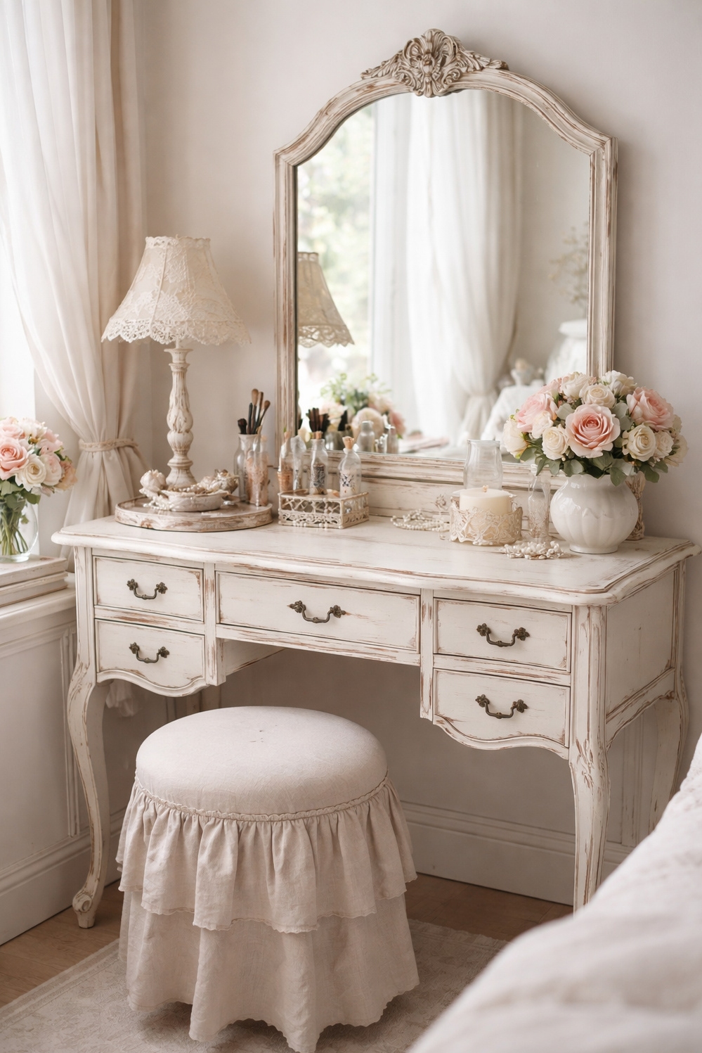 shabby chic bedroom decor ideas - Vanity Table Anchors Little Bedroom Corner - The vanity table anchors this little bedroom corner,...