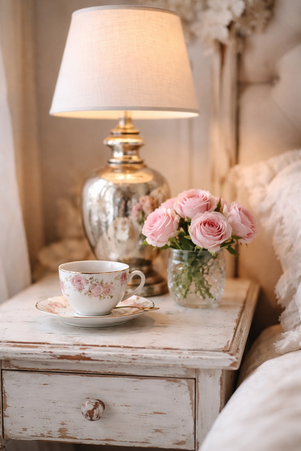 shabby chic bedroom decor ideas - Nail Shabby Chic: Bedside Details - The bedside table in this close-up shows how...