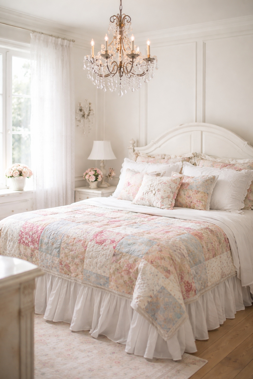 shabby chic bedroom decor ideas - White Walls Create Serene Bedroom Backdrop - These white walls with wainscoting create a serene...