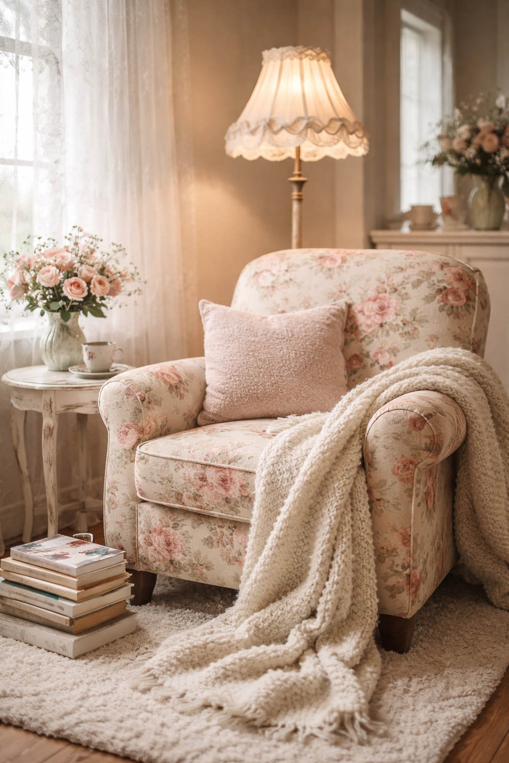 shabby chic bedroom decor ideas - Floral Armchair: Soft Shabby Chic - The floral armchair is the star. Its faded...