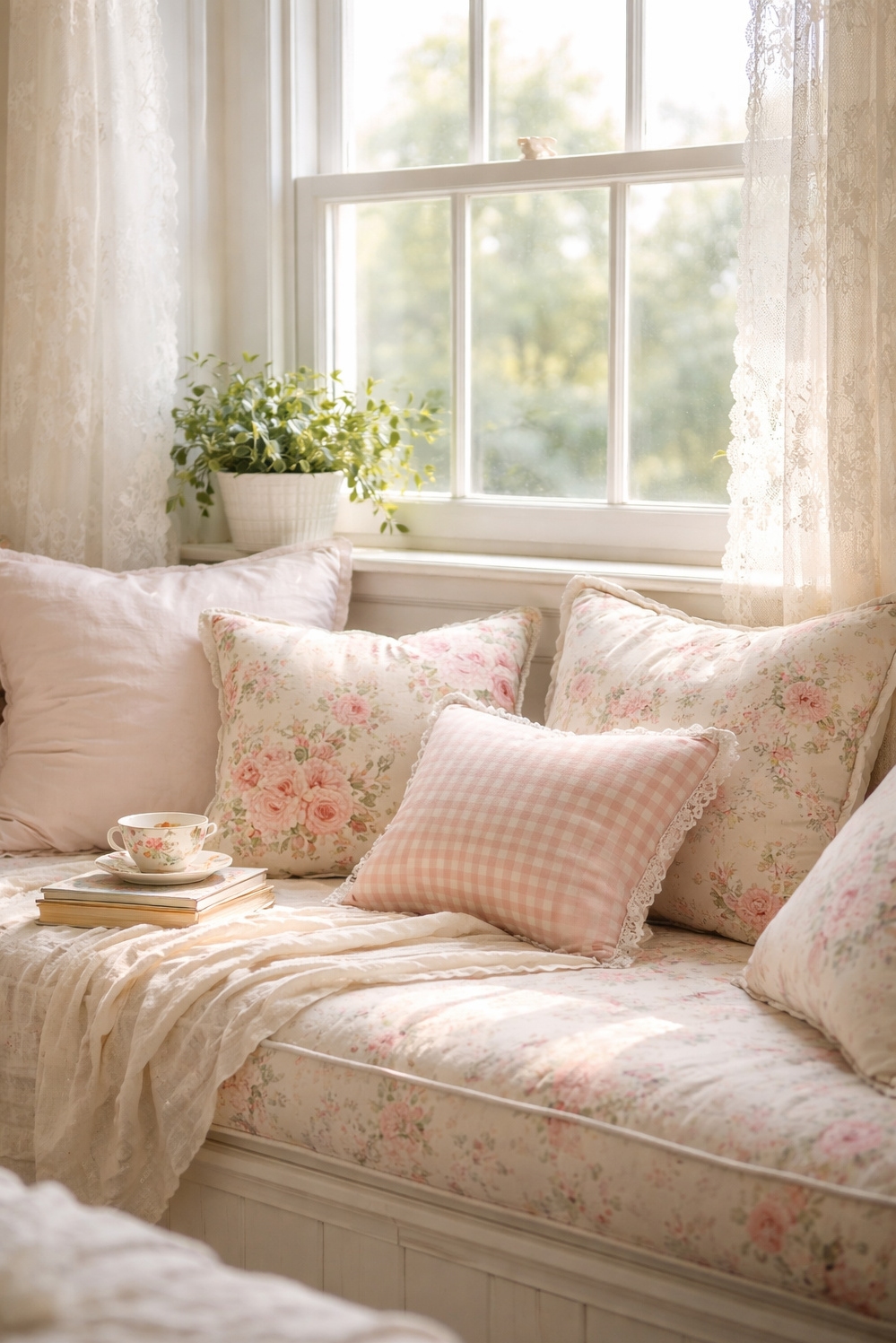 shabby chic bedroom decor ideas - Floral Cushions Invite Cozy Window Seat - These floral cushions invite you to sink into...
