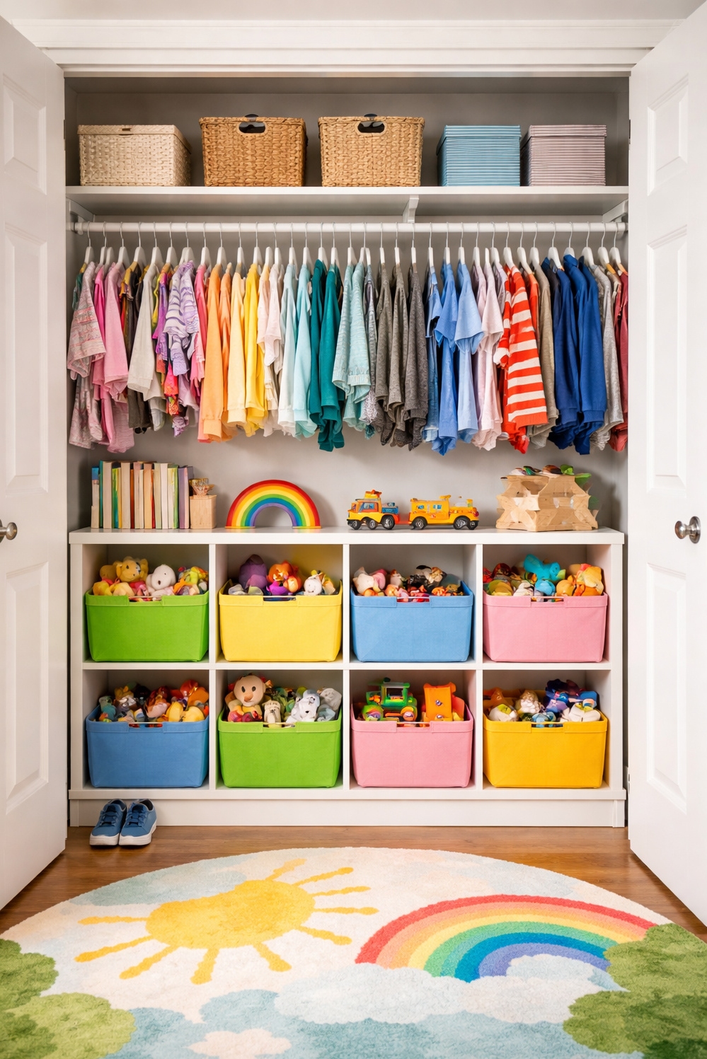 closet organization solutions - Neatly Stacked Bins for Child's Toys - These bins, stacked neatly in the child's closet,...