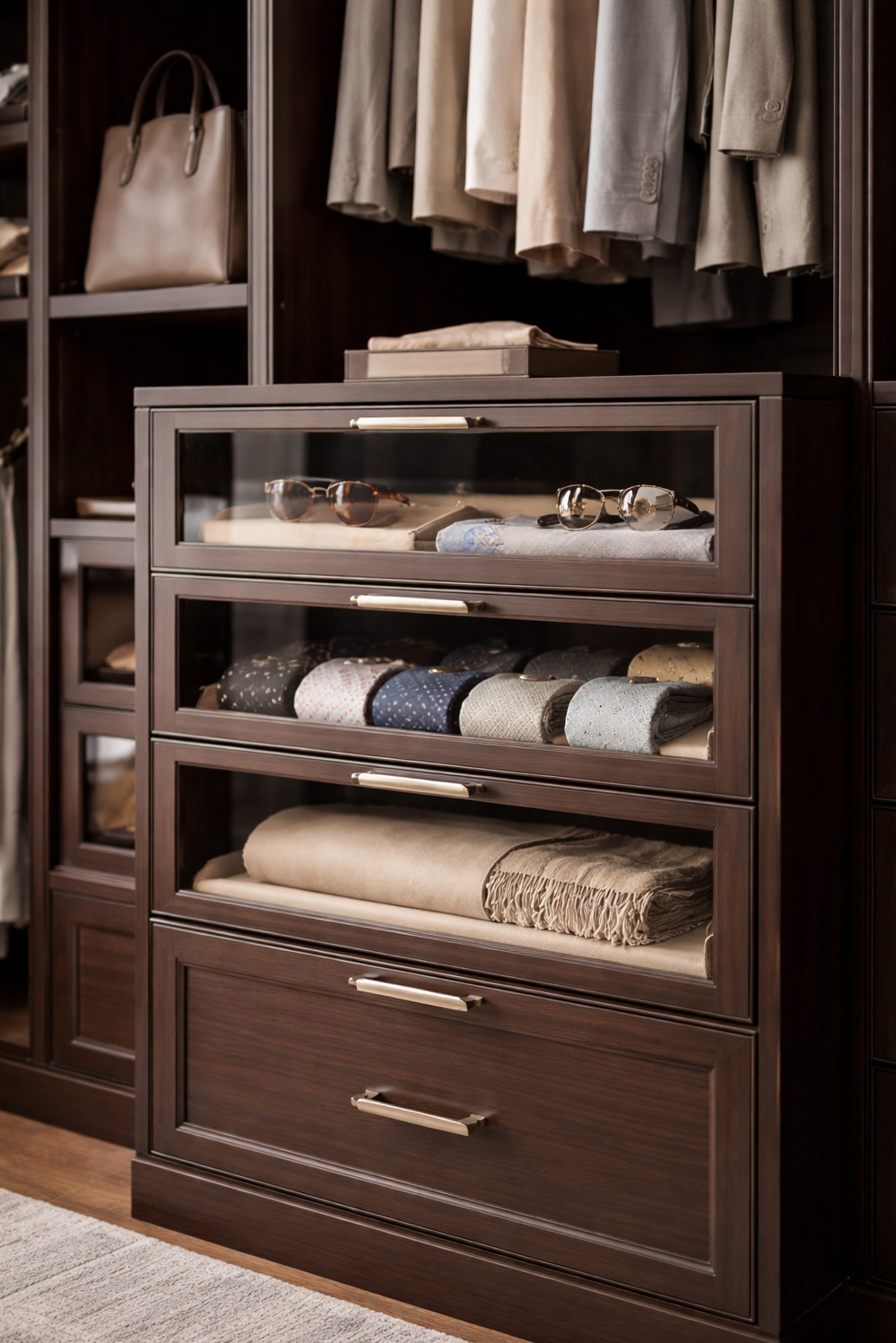 closet organization solutions - Dark Wood Closet Design Details - These dark wood cabinets in this custom-designed closet...