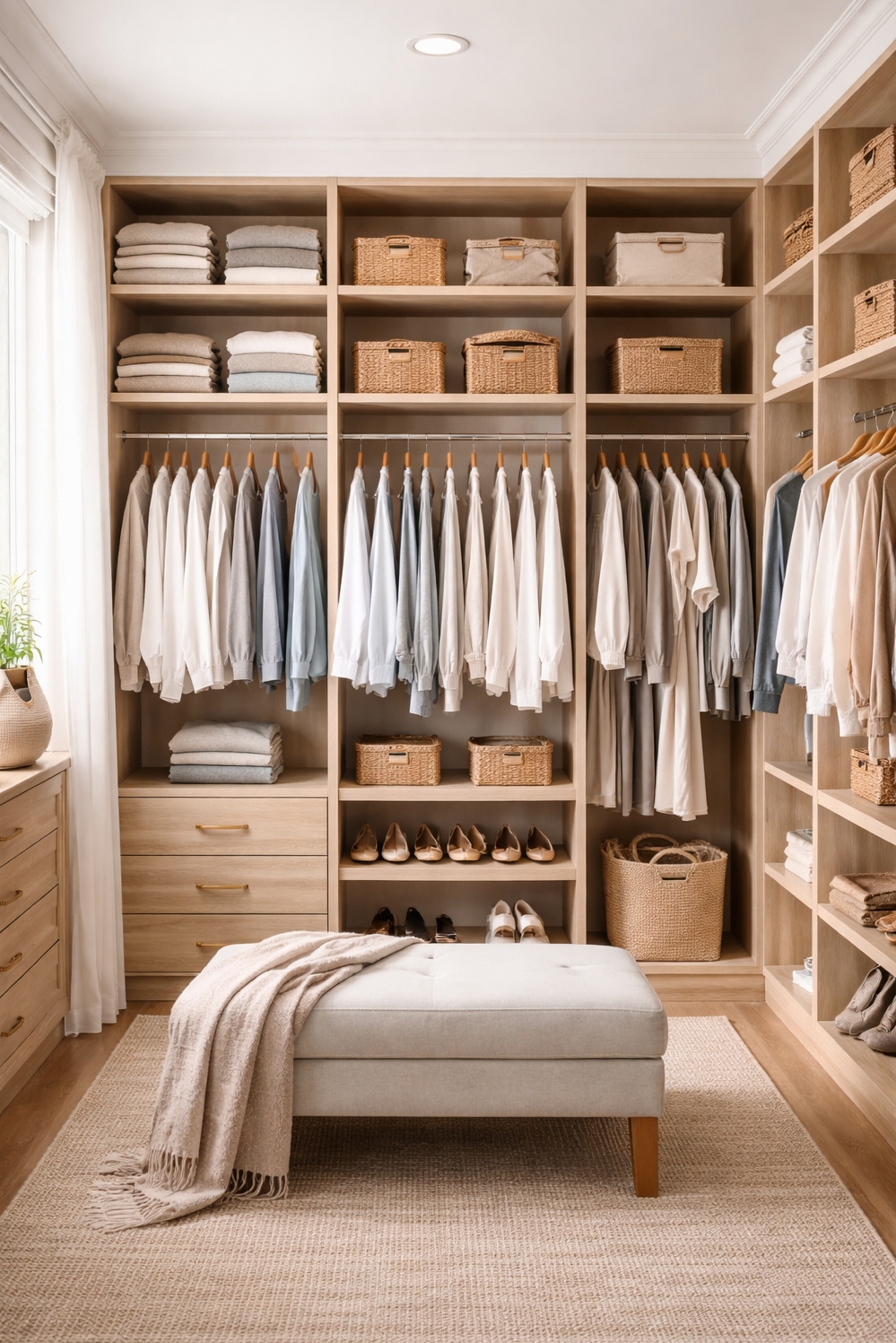 closet organization solutions - Light Wood Shelves: Calm Closet Design - These light wood shelves create a calm, orderly...