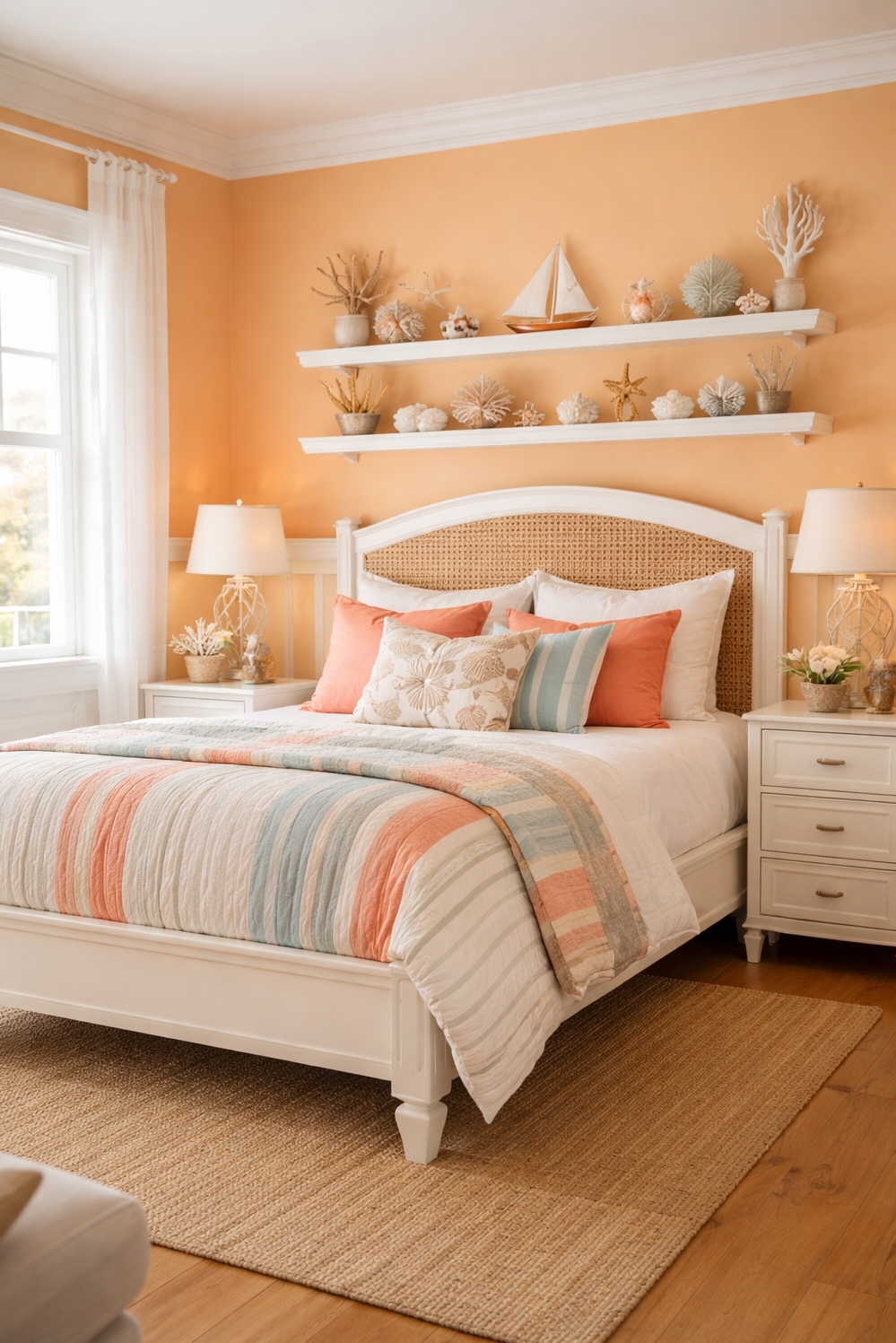 orange layout for bedroom - Light Orange Walls Create Warm Bedroom - These light orange walls create a warm glow...