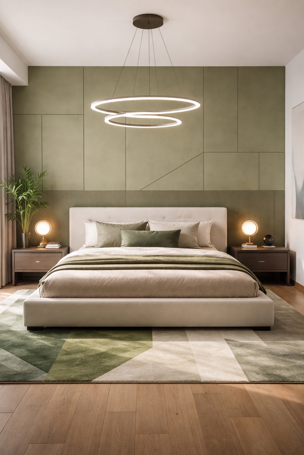 green layout for bedroom - Sleek Platform Beds Anchor Green Layout - These sleek platform beds anchor the contemporary green...