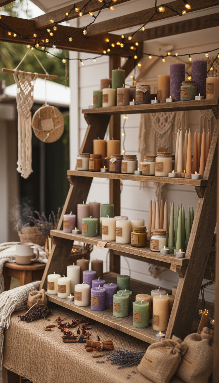 vendor booth ideas - Rustic Wooden Shelves Create Inviting Display - These wooden shelves create a rustic, inviting display....