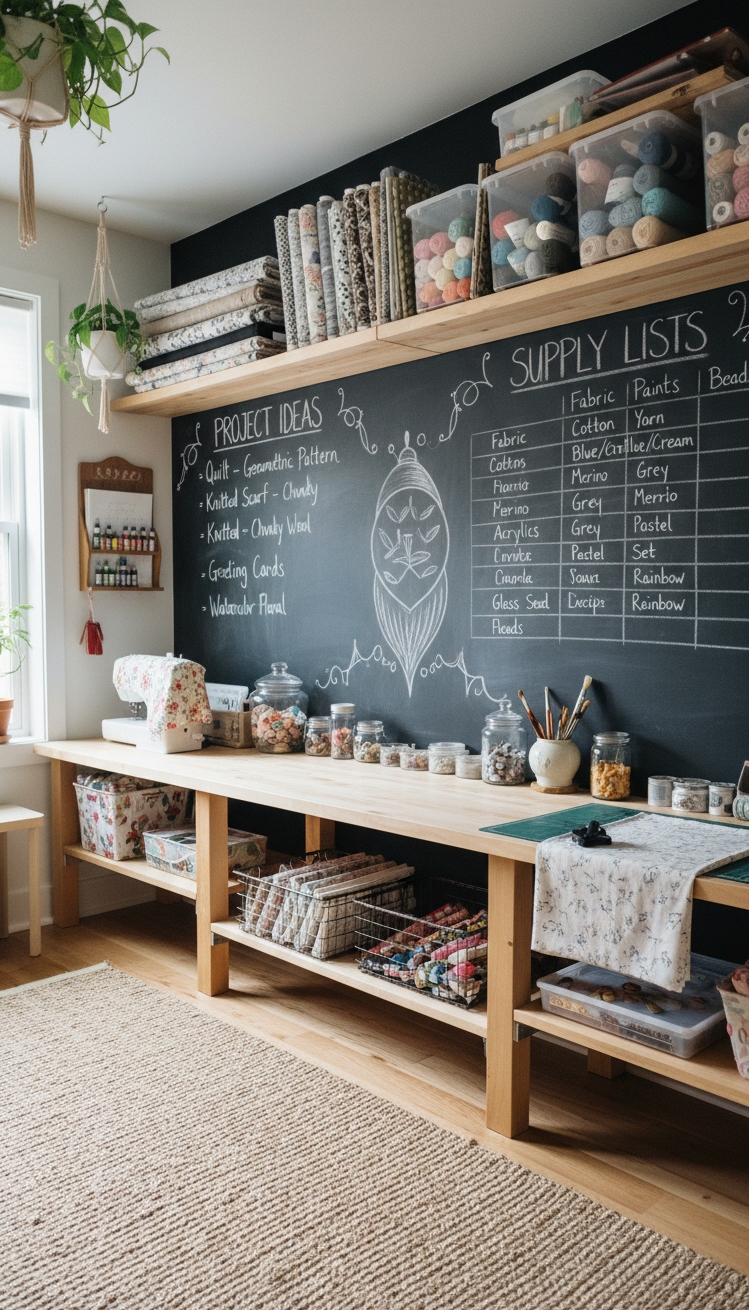 chalkboard wall ideas - Dark Texture Anchors Craft Room - The chalkboard wall anchors this craft room with...