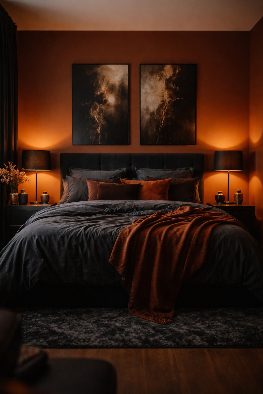 orange layout for bedroom - Dark Orange Walls Pull You In - These dark orange walls just pull you right...
