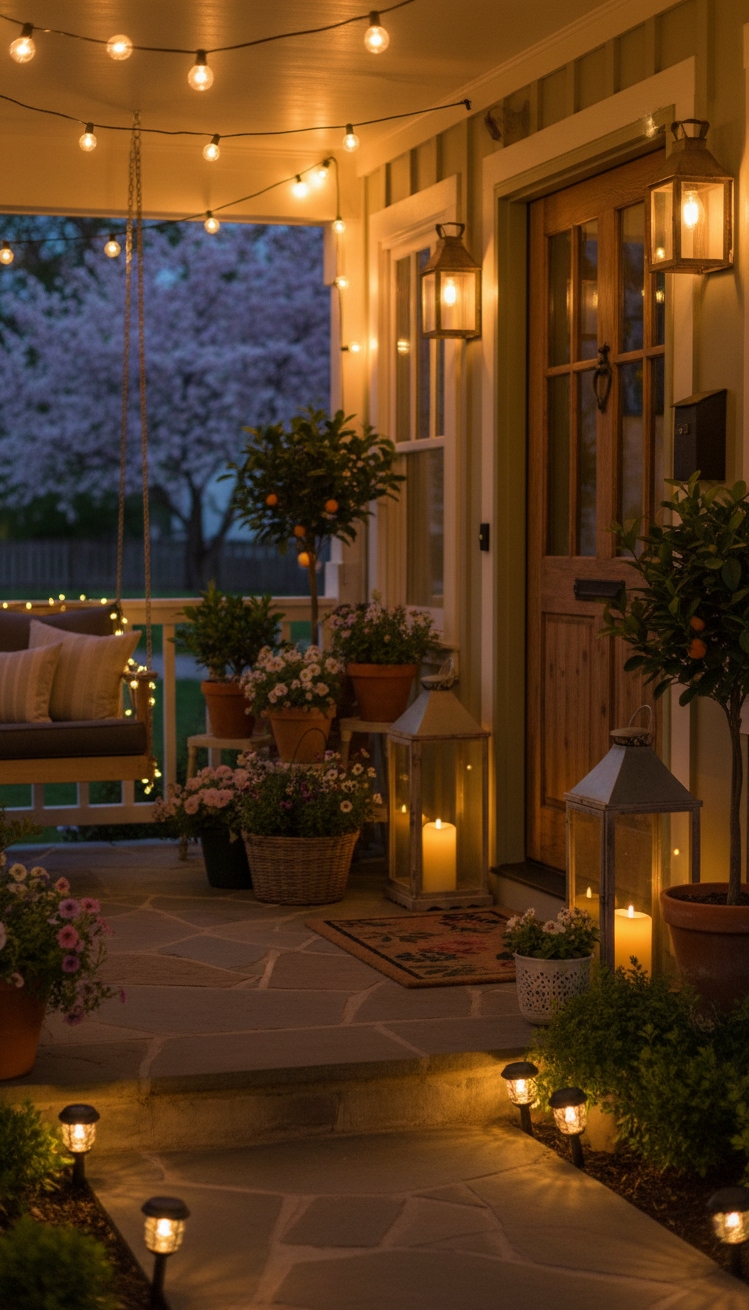 spring front porch ideas - Spring Porch: Lights Glow Softly - The string lights in this spring front porch...