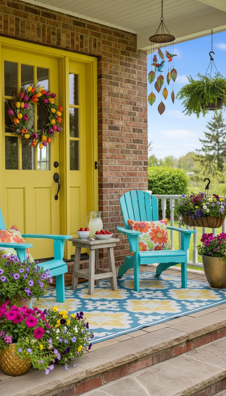 spring front porch ideas - Bright Colors Make Adirondack Chairs Look Inviting - These Adirondack chairs look so inviting. The bright...