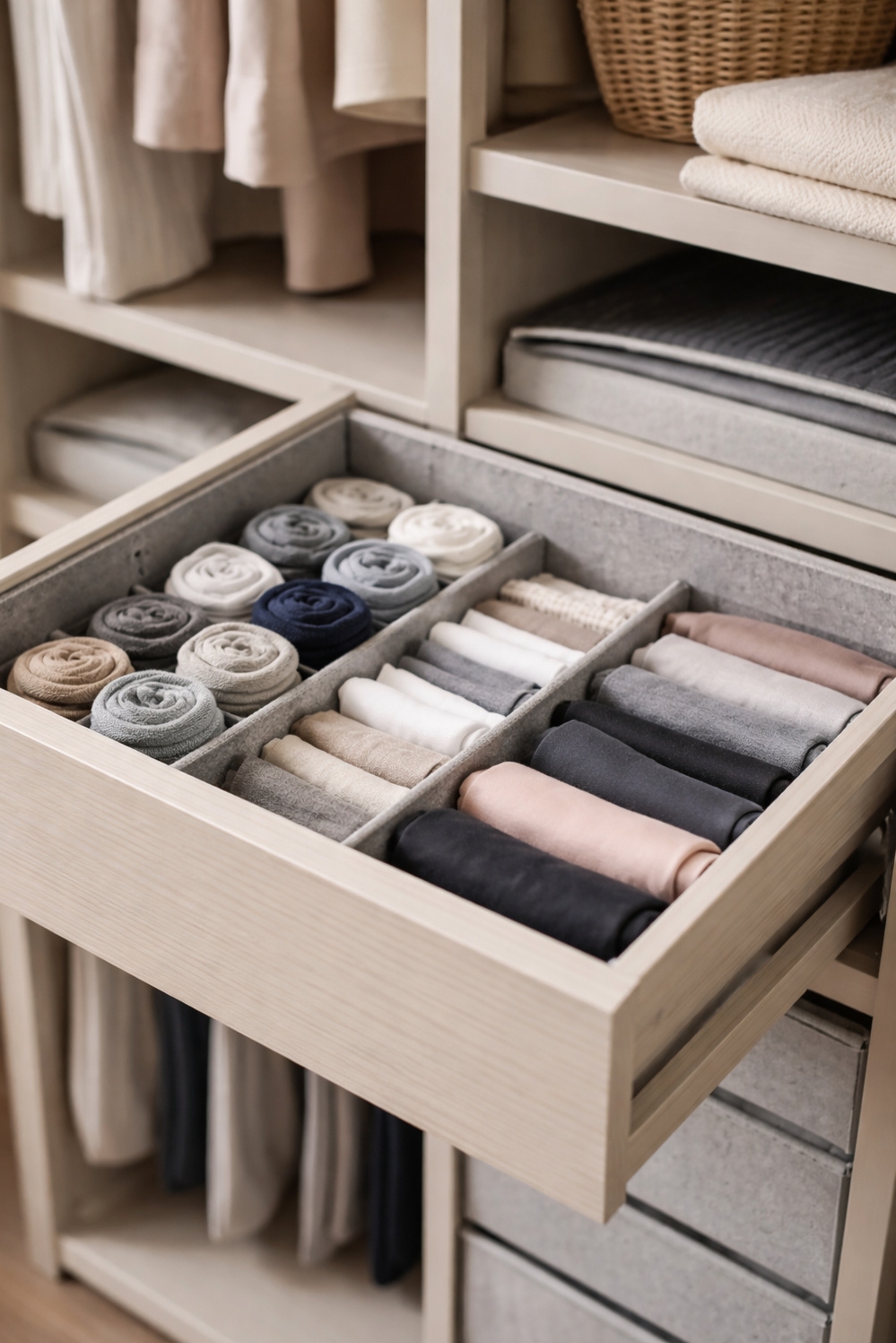 closet organization solutions - Light Gray Felt Drawer Design - These light gray felt drawer liners whisper luxury....
