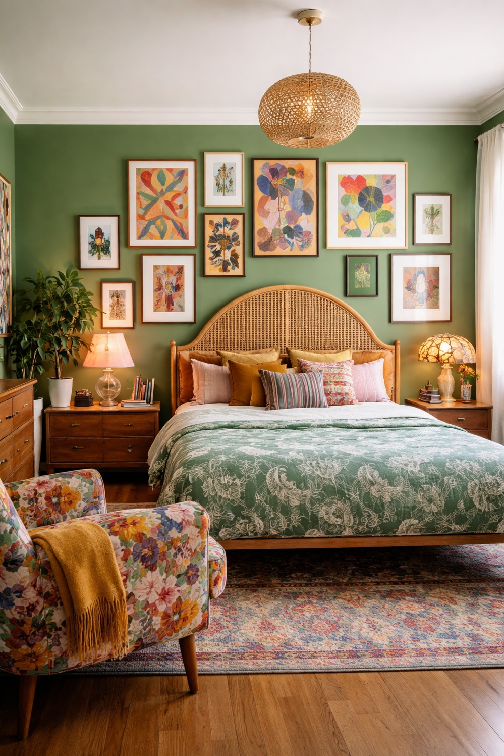 green layout for bedroom - Gallery Wall Grabs Bedroom Attention - The gallery wall grabs your attention first. It's...