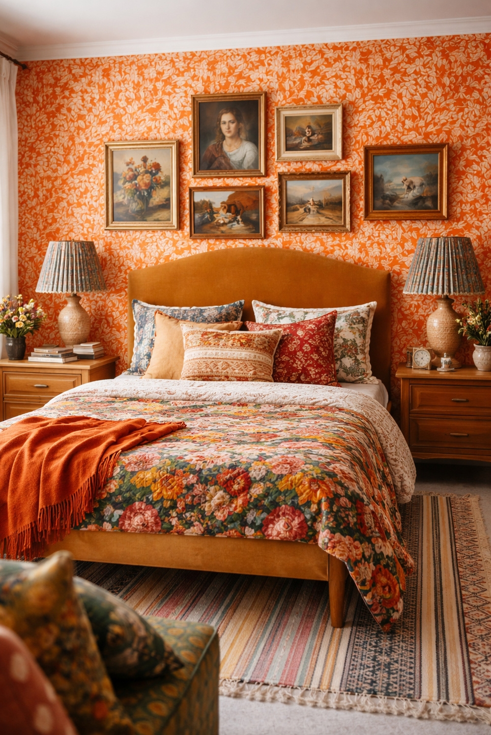 orange layout for bedroom - Patterned Wallpaper Grabs Bedroom Attention - The orange patterned wallpaper grabs your attention first....