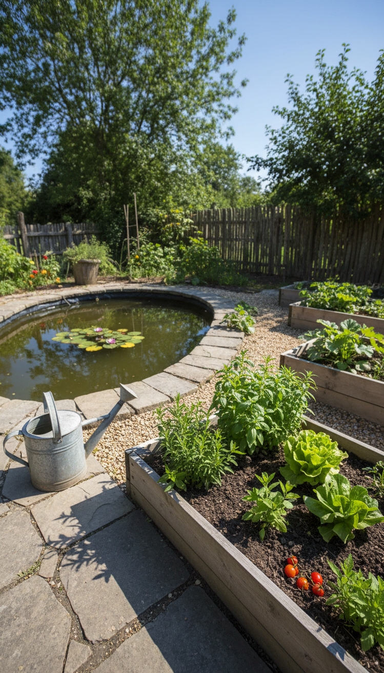 garden pond landscaping ideas - Raised Beds Overflow Near Pond - These raised beds overflow with leafy greens and...