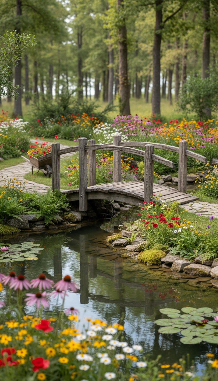 garden pond landscaping ideas - Reclaimed Wood Bridge: Pond Focal Point - The reclaimed wood bridge steals the show, arching...