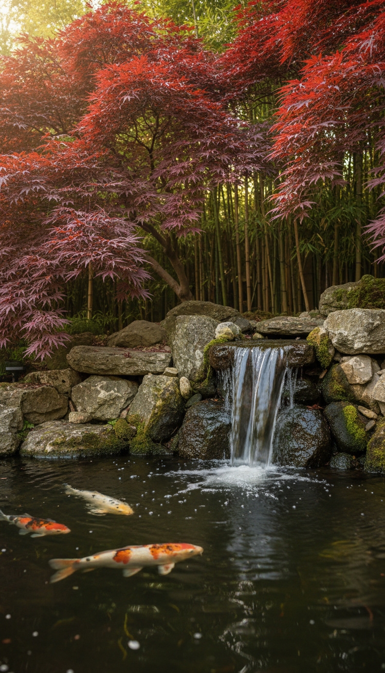 garden pond landscaping ideas - Golden Koi Gliding Beneath the Surface - These golden koi, gliding just beneath the surface,...