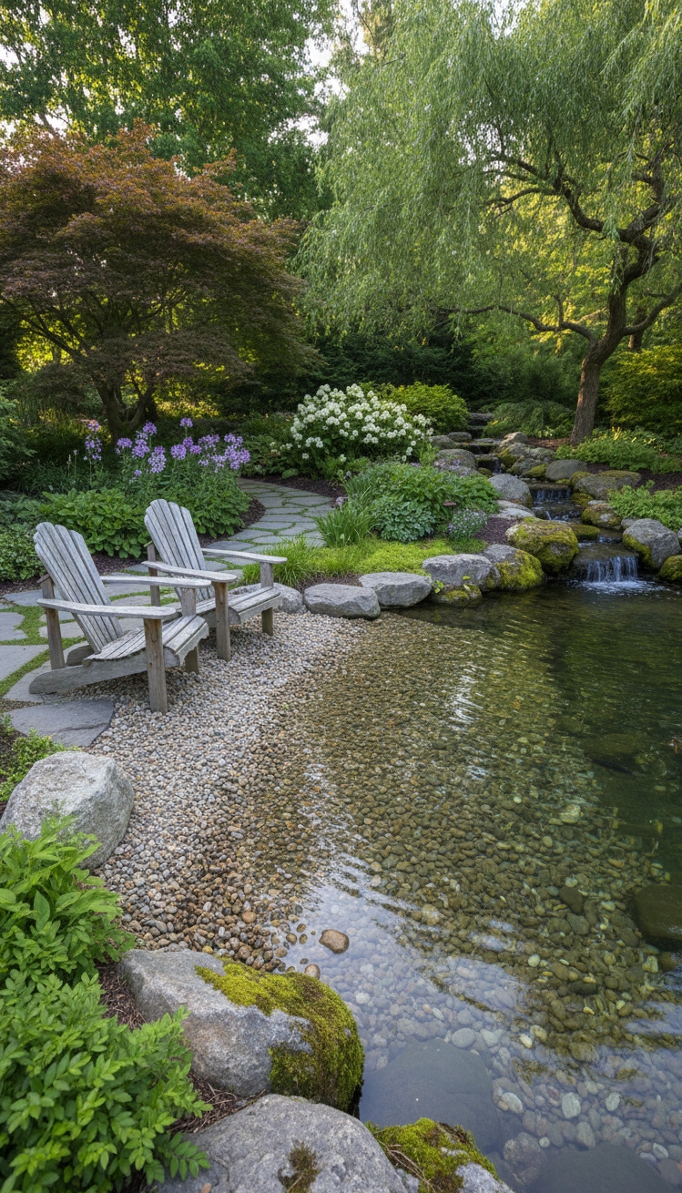 garden pond landscaping ideas - Adirondack Chairs: Inviting Pond Scene - These Adirondack chairs look so inviting, don't they....